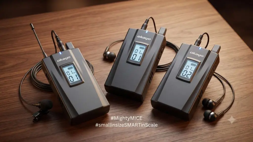 หูฟัวทัวร์ไกด์ Okayo WT-500T และ WT-500R ขณะวางบนโต๊ะ