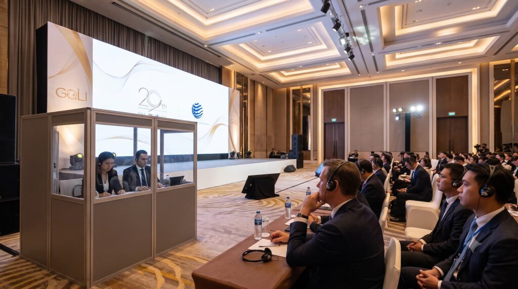 ผู้เข้าร่วมงานประชุมระดับนานาชาติกำลังใช้งานระบบหูฟังแปลภาษาในห้องประชุมขนาดใหญ่