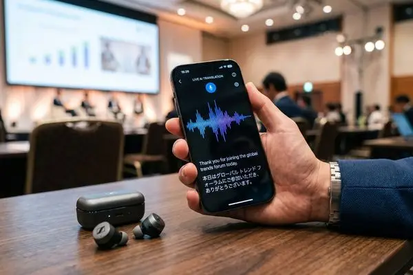 การใช้ smartphone ในการฟังเสียงแปลภาษา และอ่านคำแปลภาษาด้วย AI ในงานประชุมนานาชาติ