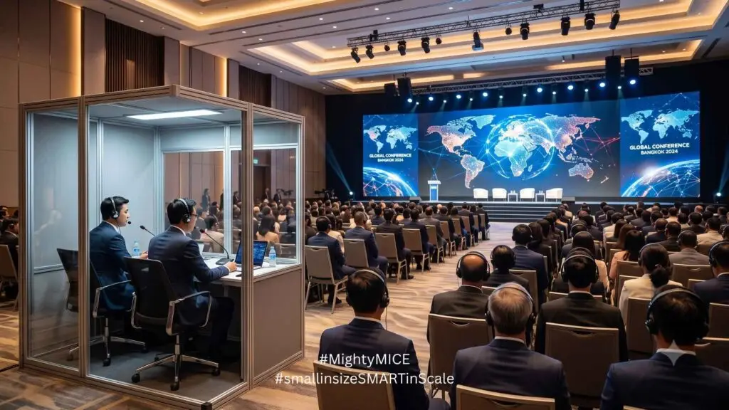 ภาพแสดงบรรยากาศภายในห้องประชุมที่ติดตั้ง Simultaneous Interpretation System พร้อมตู้ล่าม ที่เปิดผนังตู้ เพื่อให้เห็นลักษณะการนั่งของล่ามภายในตู้ (ภาพโดย AI)