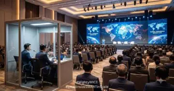 ภาพแสดงบรรยากาศภายในห้องประชุมที่ติดตั้ง Simultaneous Interpretation System พร้อมตู้ล่าม ที่เปิดผนังตู้ เพื่อให้เห็นลักษณะการนั่งของล่ามภายในตู้ (ภาพโดย AI)