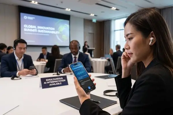 ผู้เข้าประชุมใช้ smartphone ของตัวเอง เพื่อฟังเสียงการแปลภาษาจาก AI ขณะประชุม